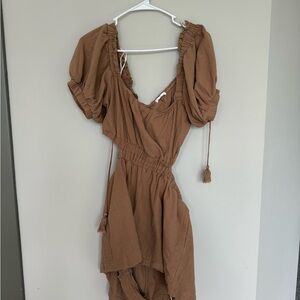 Vestique Asymmetrical Brown Dress with Puff Sleeves